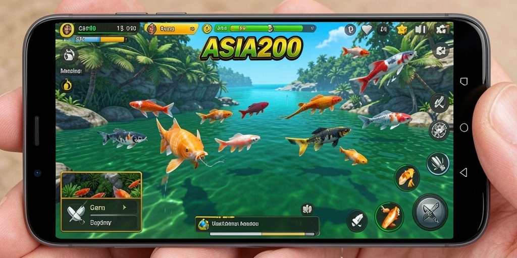 Tampilan gameplay ASIA200 yang seru saat memancing di danau.