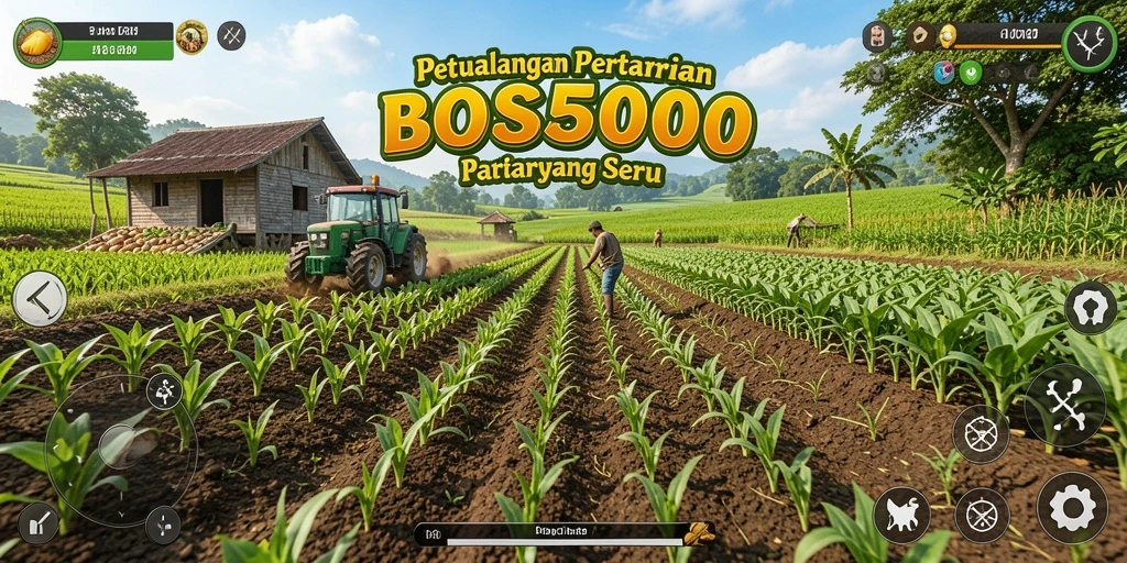 Screenshot gameplay BOS5000 menampilkan ladang yang subur dengan berbagai tanaman.