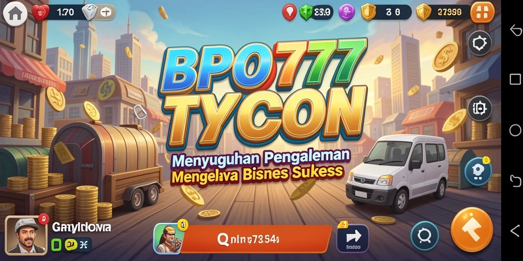 Screenshot utama BPO777 menampilkan gameplay menegangkan dalam mengelola bisnis.